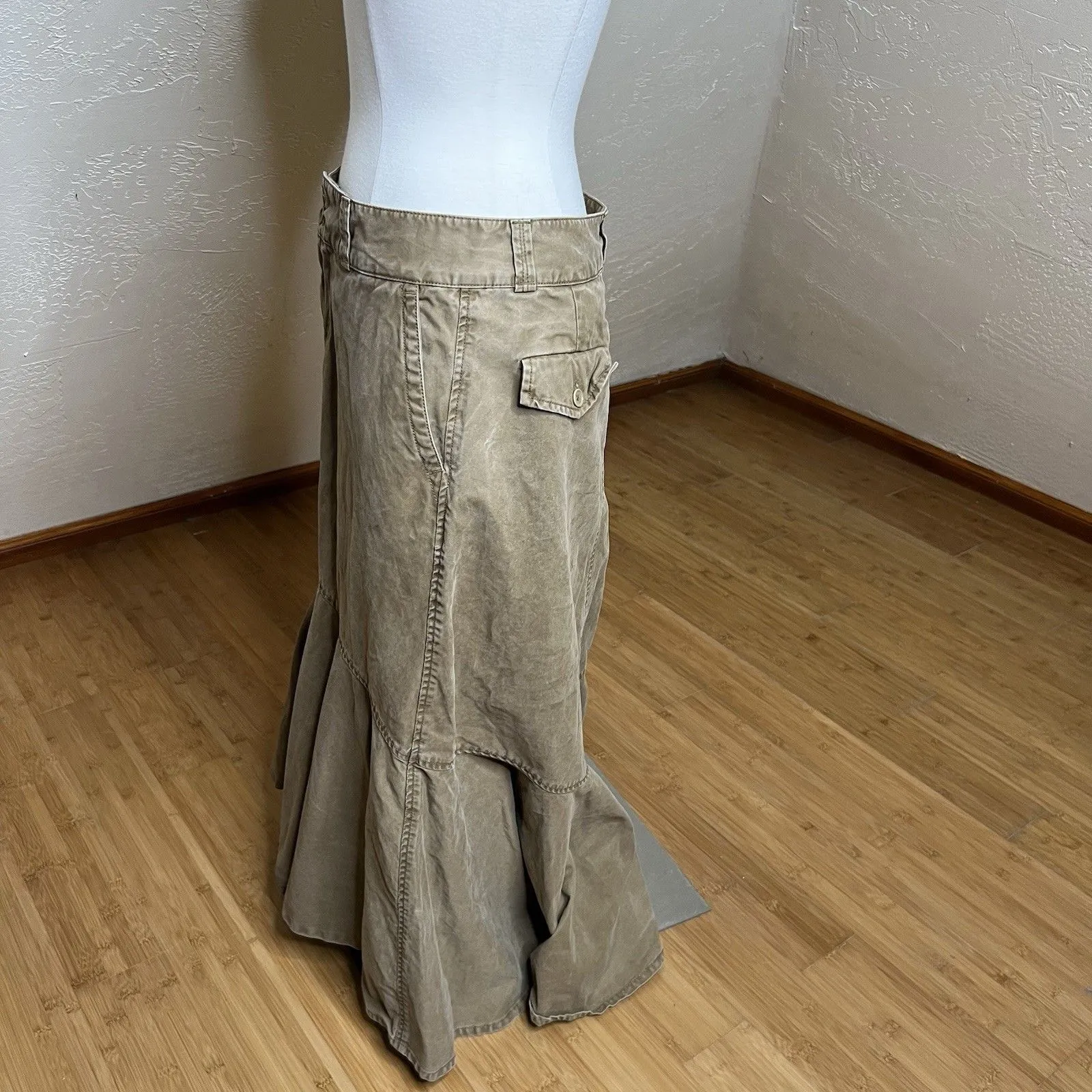 Sundance Midi Skirt Womens 4 Khaki Canvas Cotton Ruffle Fishtail Hi Low Y2K Brown - Image 8