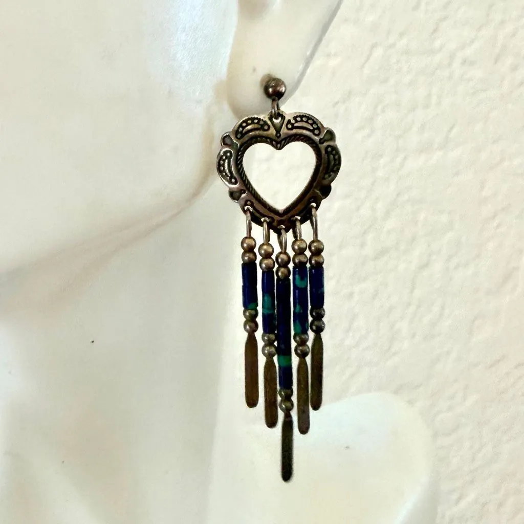 Sterling Silver Heart Dangle Earrings with Blue Stone Beads – Vintage - Image 8