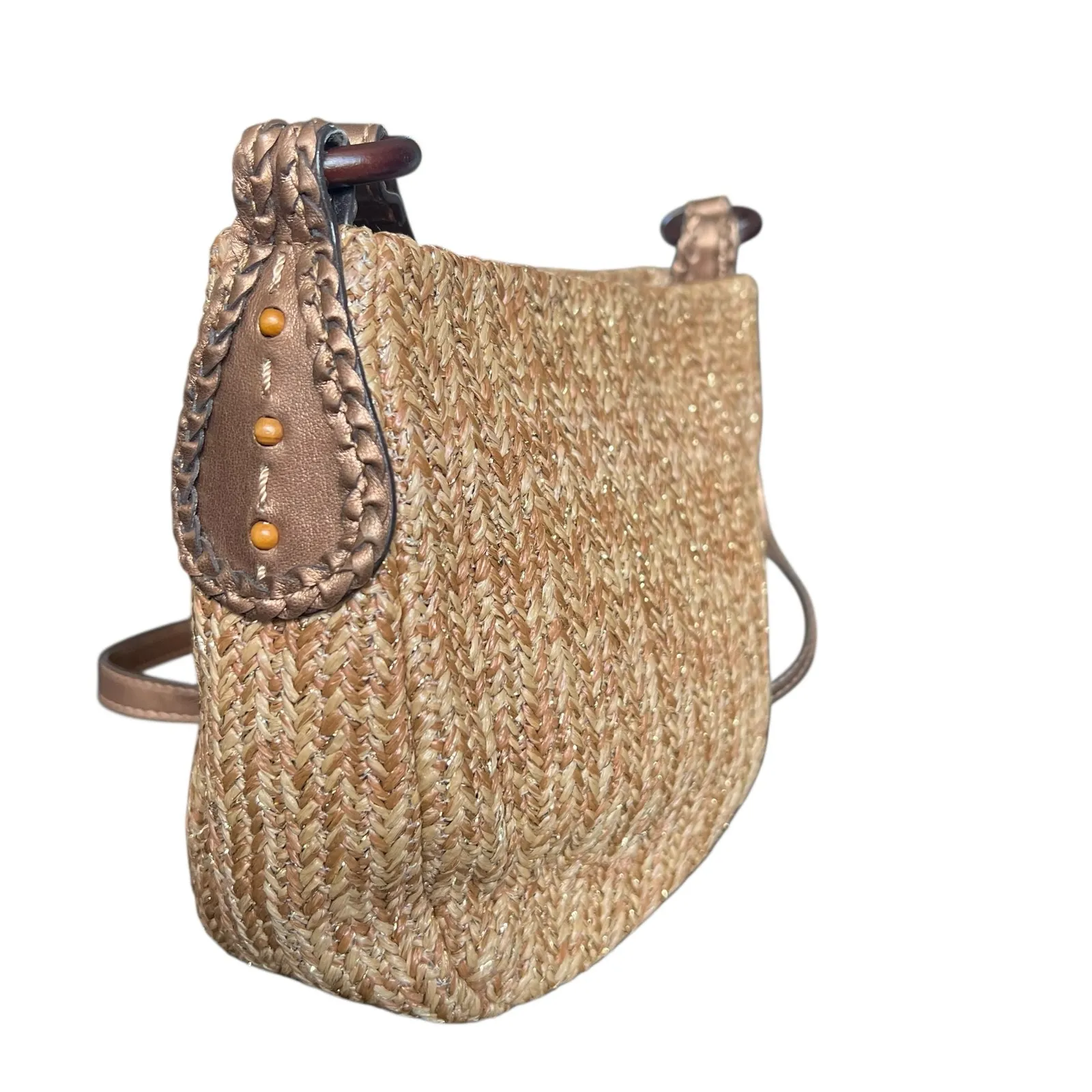 Fossil Brown Woven Metallic Bronze Leather Crossbody Bag Y2K Vintage - Image 2