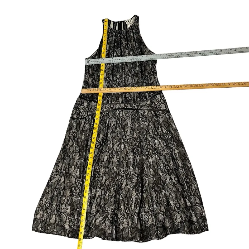 HAUTE HIPPIE Black Lace Dress Overlay Mesh Vertical Lines High Neck Size Medium - Image 9