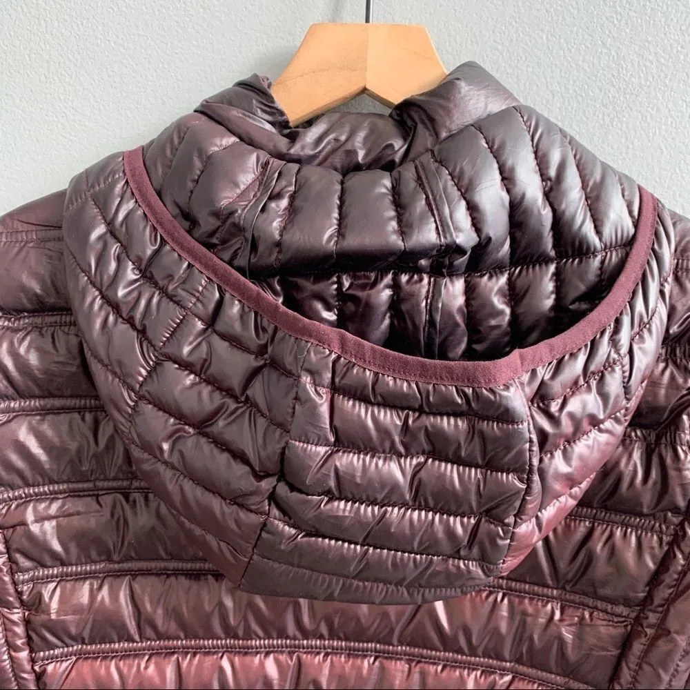 CALVIN KLEIN Hooded Packable Premium Down Puffer Coat Eggplant Wine XS - Image 7