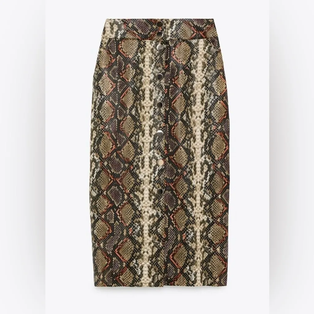 NWT Zara High Waist Snakeskin Print Skirt Orange Brown Midi Size S Office Baddie - Image 4