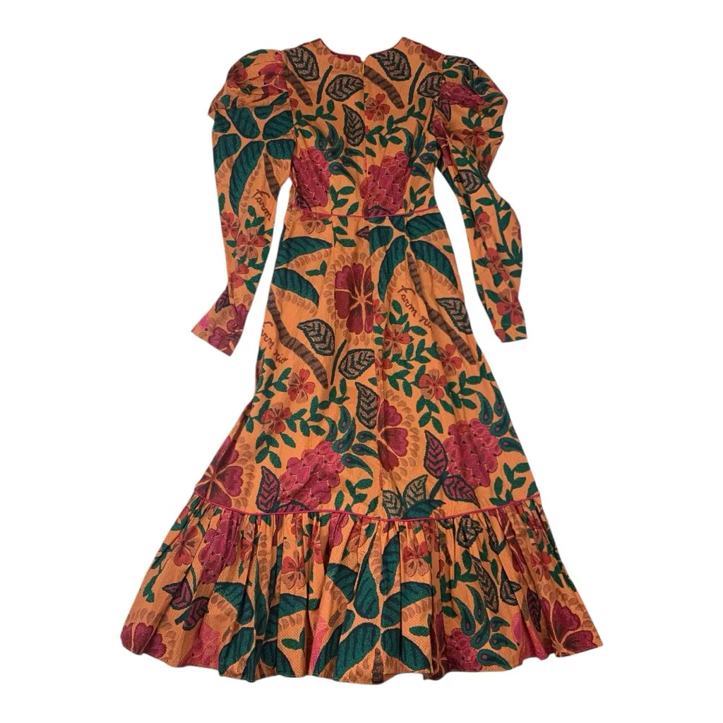 FARM Rio xs floral midi dress puff long sleeve v neck yellow pink guest tropical - Image 14