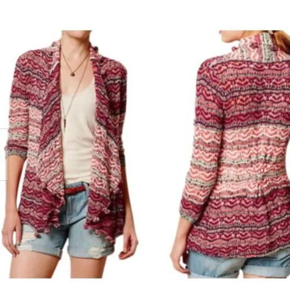 Anthropologie Moth Kasimira Open Knit Cardigan Pom Poms Pink Spring Lightweight - Image 2