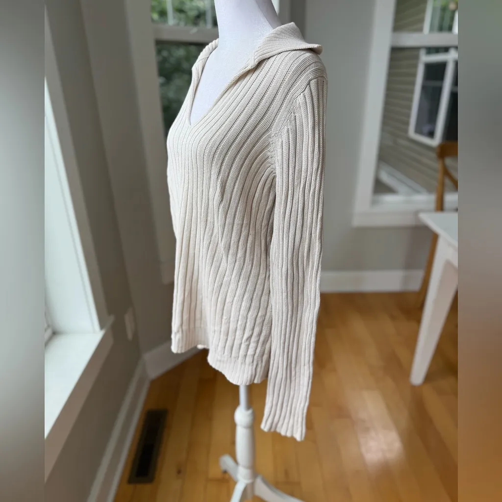 Vintage J. Crew Ivory Ribbed Cotton Polo Collar Sweater Size Large - Image 2