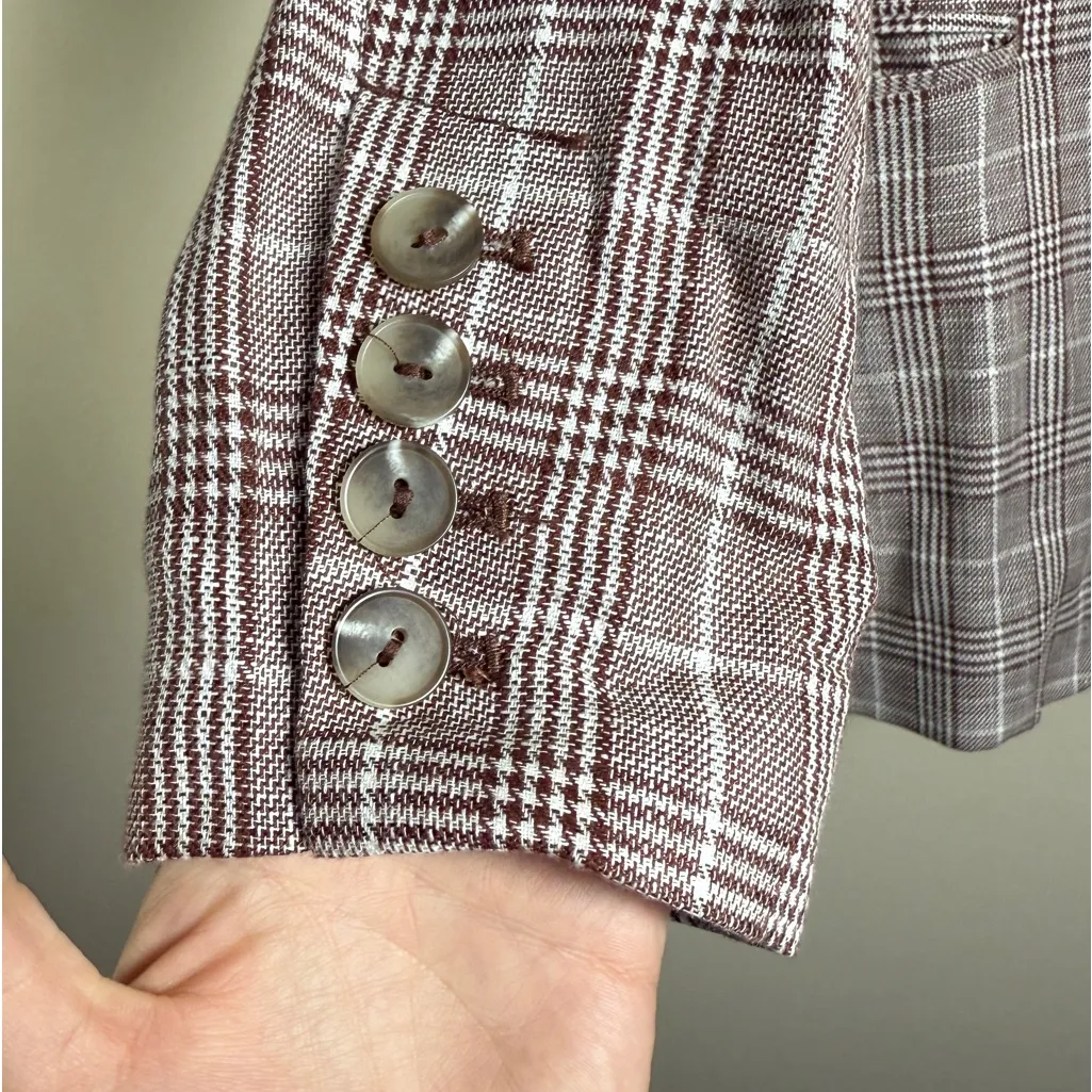 Maeve by Anthropologie Double-Breasted Plaid Blazer, Brown and White, Size 8 - Image 5