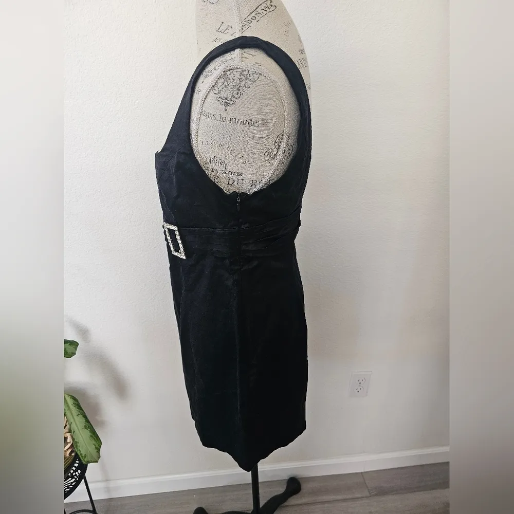 Bebe Pinafore Style Little mini black dress satin glamour rhinestone buckle M - Image 2