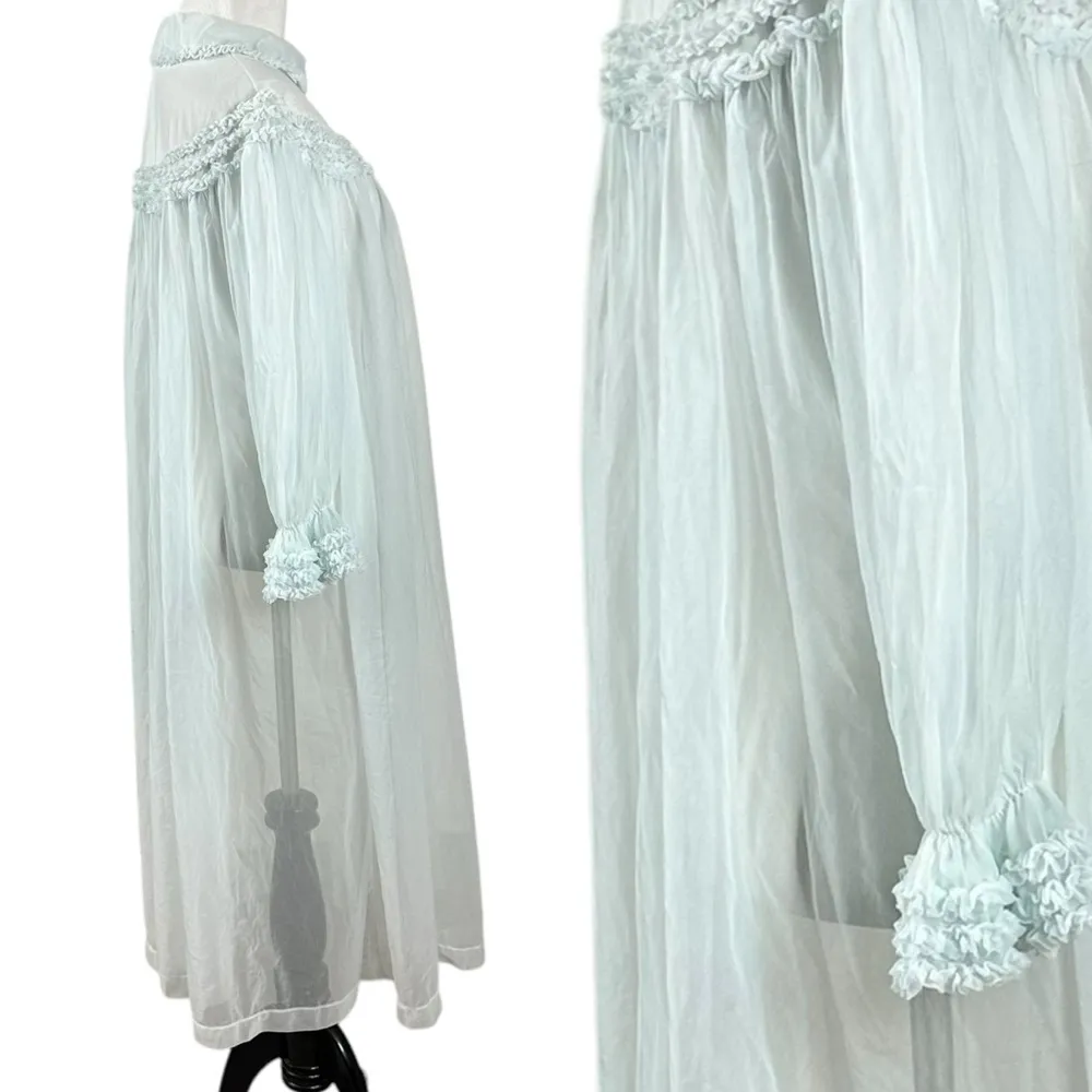 Vintage 60s Shadowline Maxi Peignoir Baby Blue Ruffles Medium Coquette Dainty - Image 6