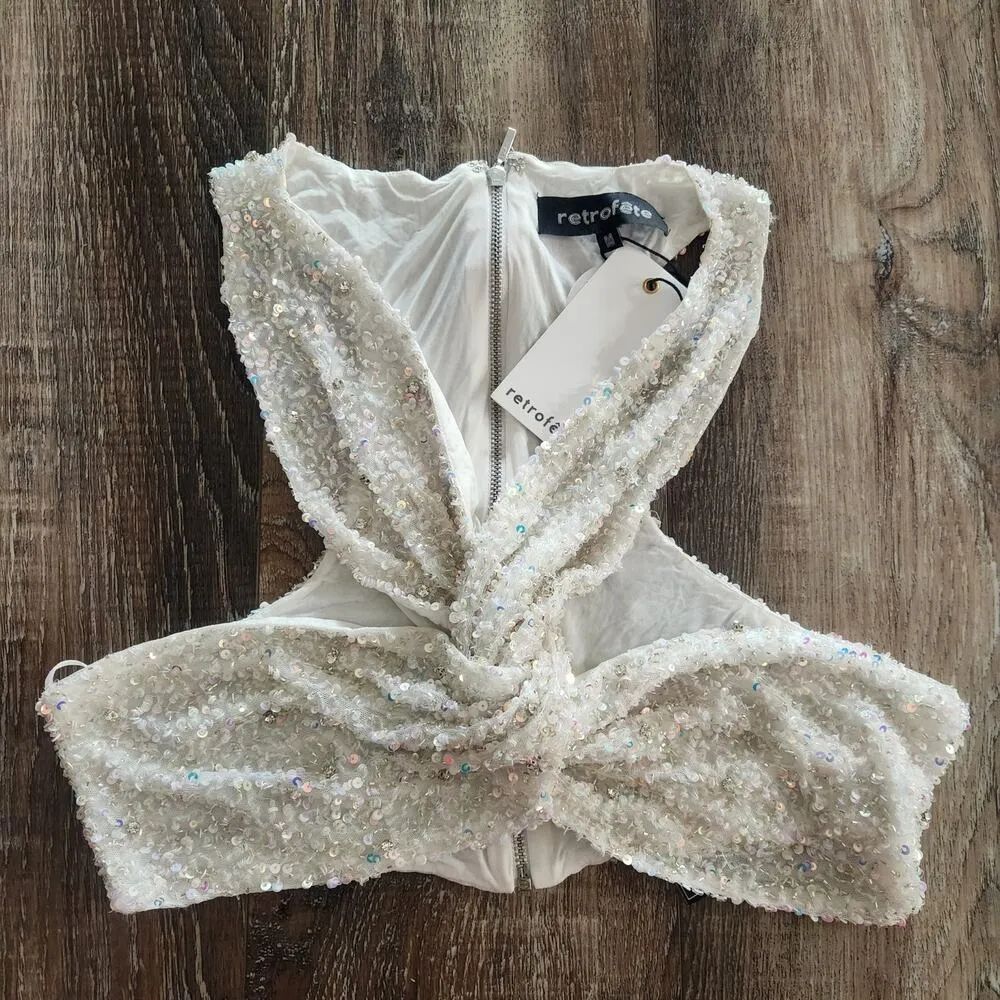 Retrofete Lio Top White Sequin Crystal Criss Cross Tank Size Medium NWT - Image 3