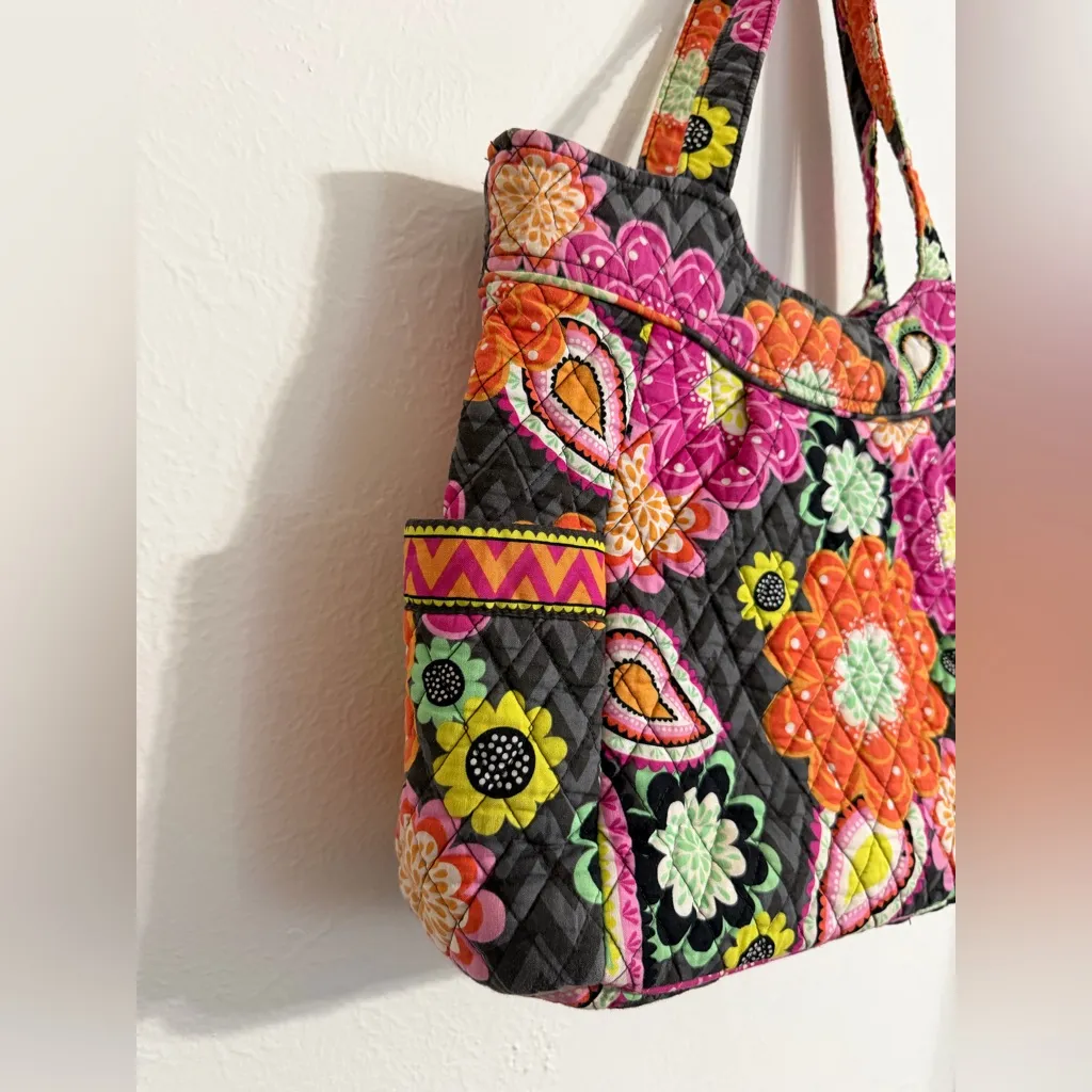 Vera Bradley Pleated Tote, Ziggy Zinnia gray orange pink and mint floral chevron - Image 3