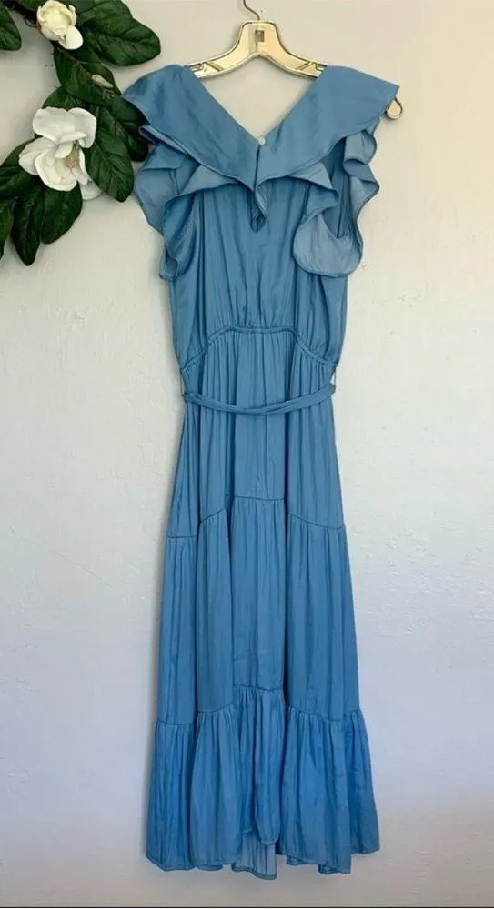 LOFT Cornflower Blue Tiered Ruffle Flutter Midi Dress S - Image 9