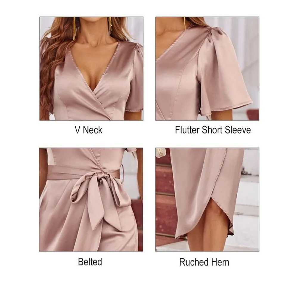 NEW Satin Short Cocktail Midi Dress Pink Large NO BELT Pink - Image 3