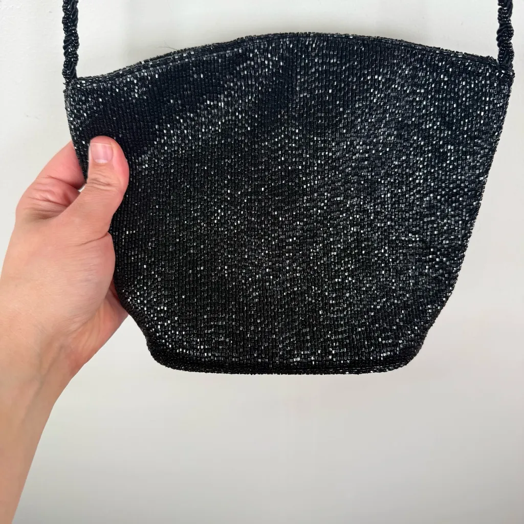 Vintage Black Beaded Evening Bag with Floral Rose Embroidery - Image 5