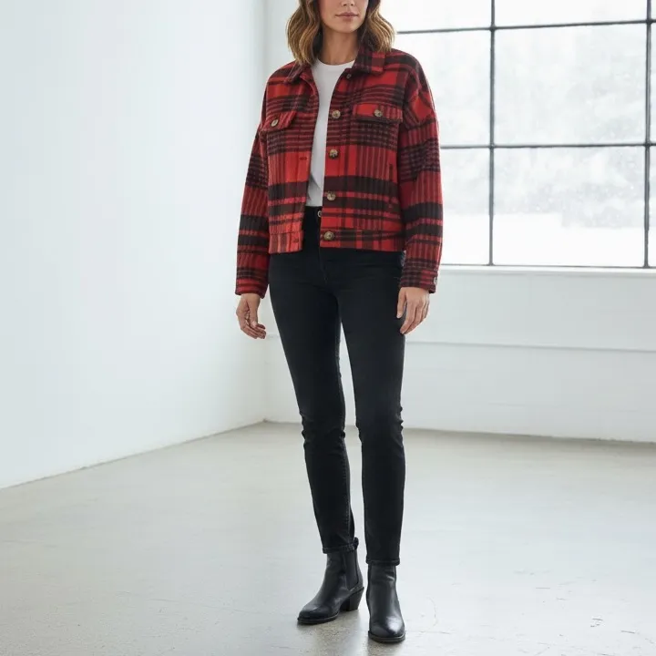 LulaRoe buffalo plaid Berlin jacket. Red/black flannel plaid. Medium - Image 2
