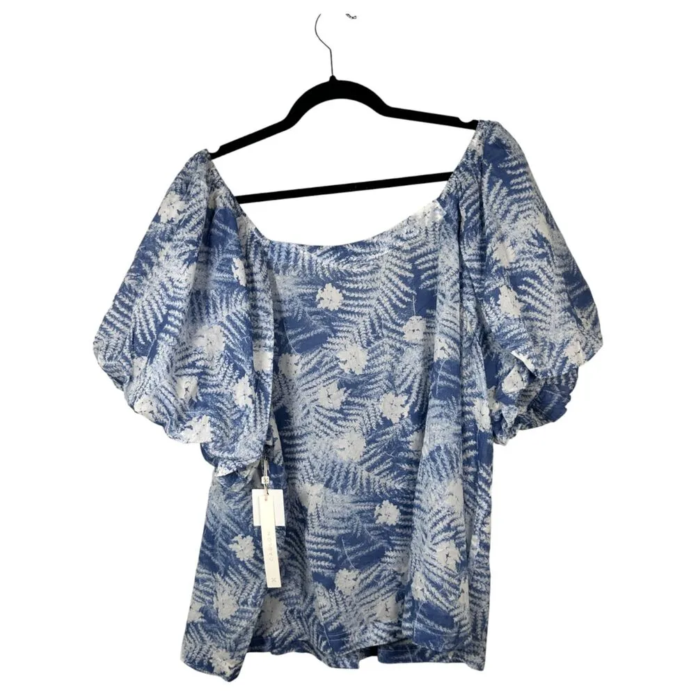 Caslon Print Puff Sleeve Organic Cotton Blue Moonlight Floral Ferns 2X NEW - Image 8
