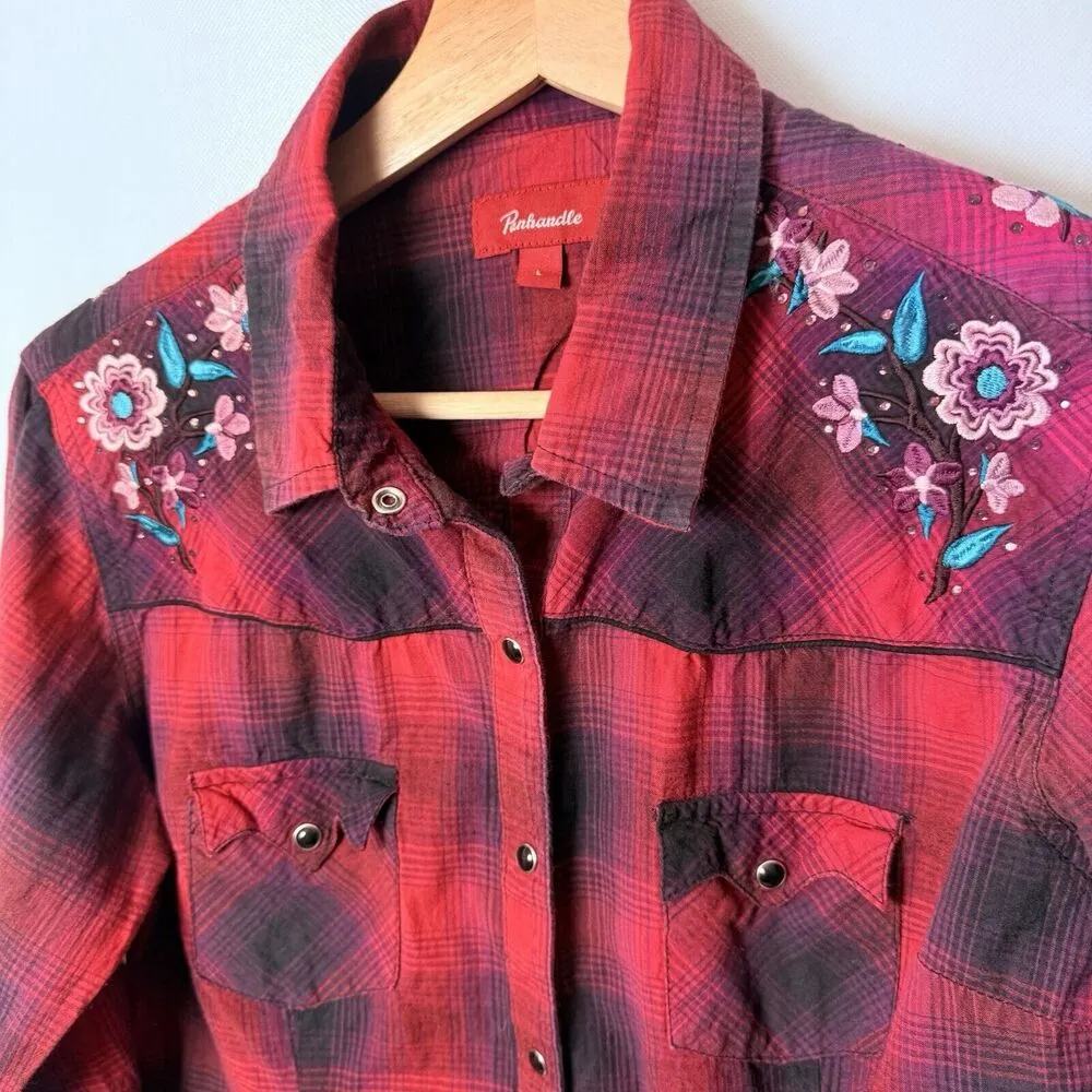 Panhandle Shirt Womens Large Red Plaid Pearl Snap Westerncore Rodeo Cowgirl Boho - Image 5