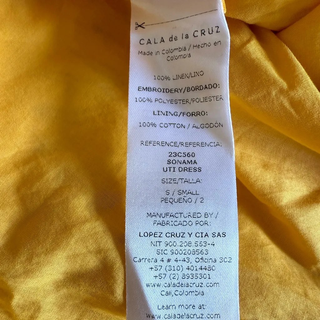 CALA DE LA CRUZ Uti Midi Dress 100% Linen Puff Sleeves pocket size S Yellow - Image 12