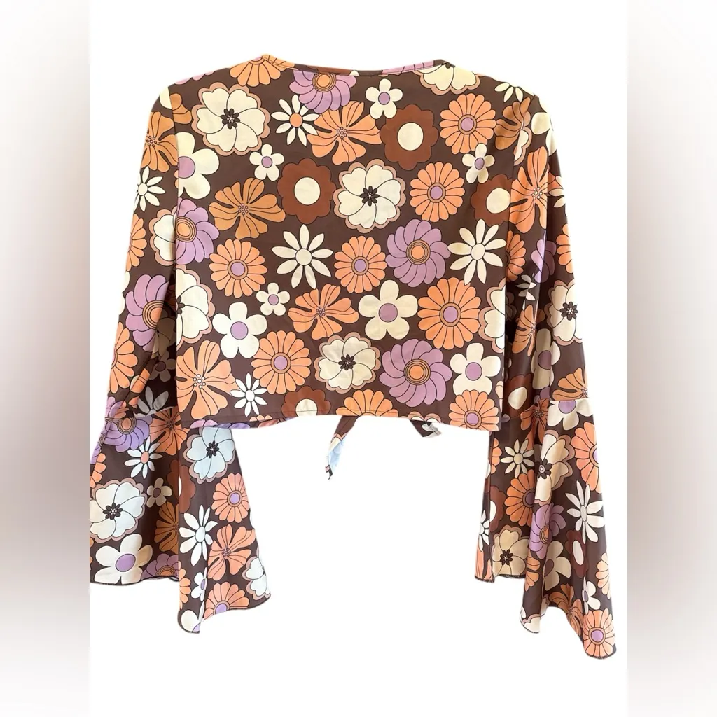 Romwe  Floral Tie-Front Bell Sleeve Blouse - Image 2
