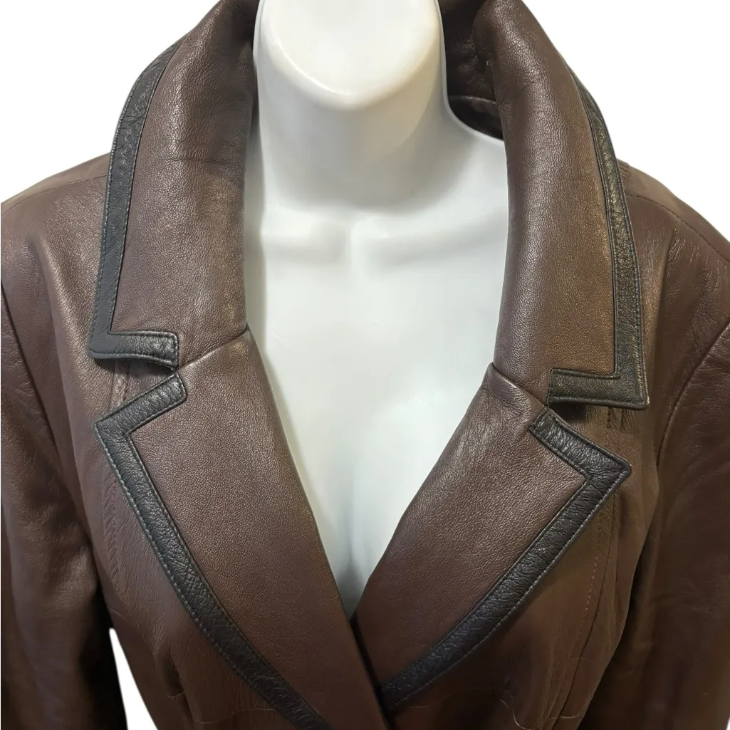 VTG Leathers By New England Belted Trench Coat Sz 16 Chocolate Brown Black Lined - Image 12
