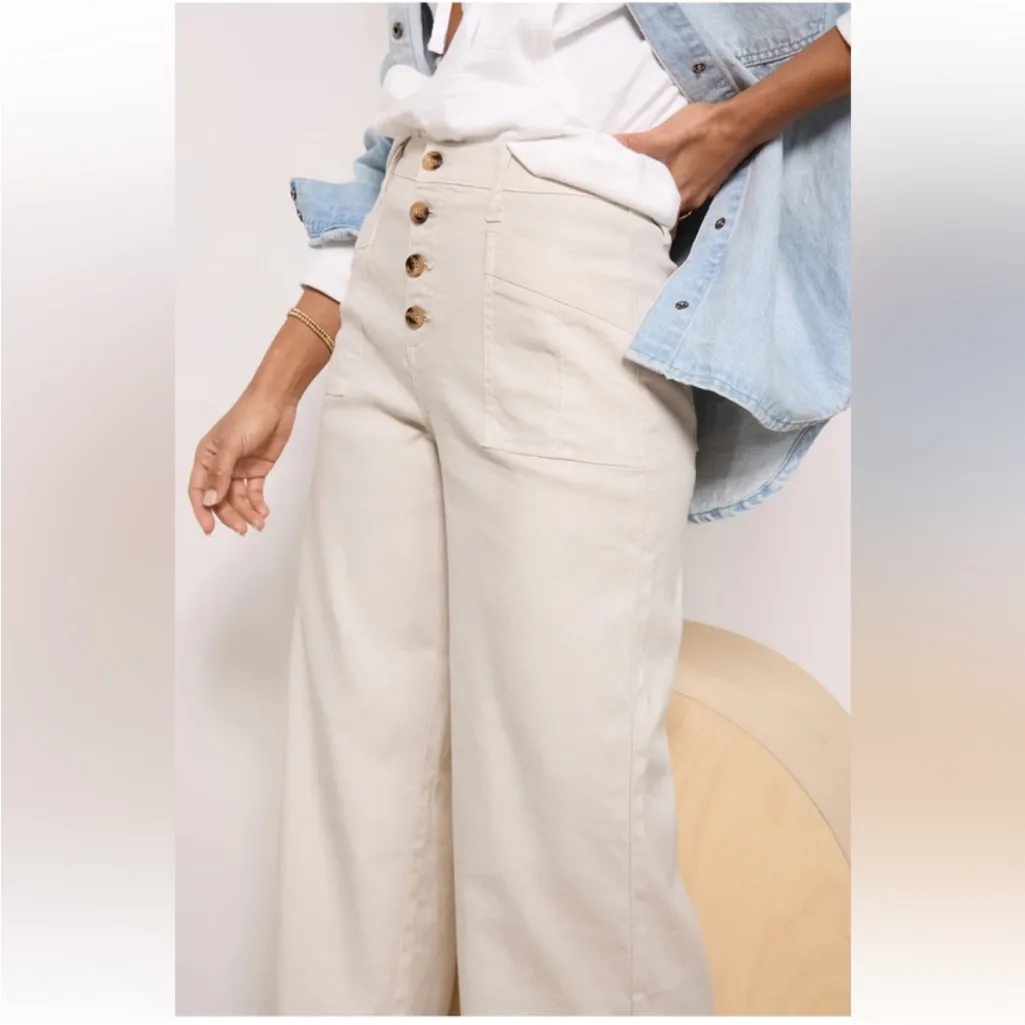 Evereve Joelle Linen Blend Cropped Wide Leg Cream Pants Button Fly Size 25 - Image 3