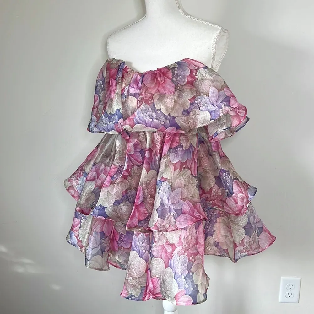 Tiered Floral Organza Ruffle Dress Pink Size M - Image 10