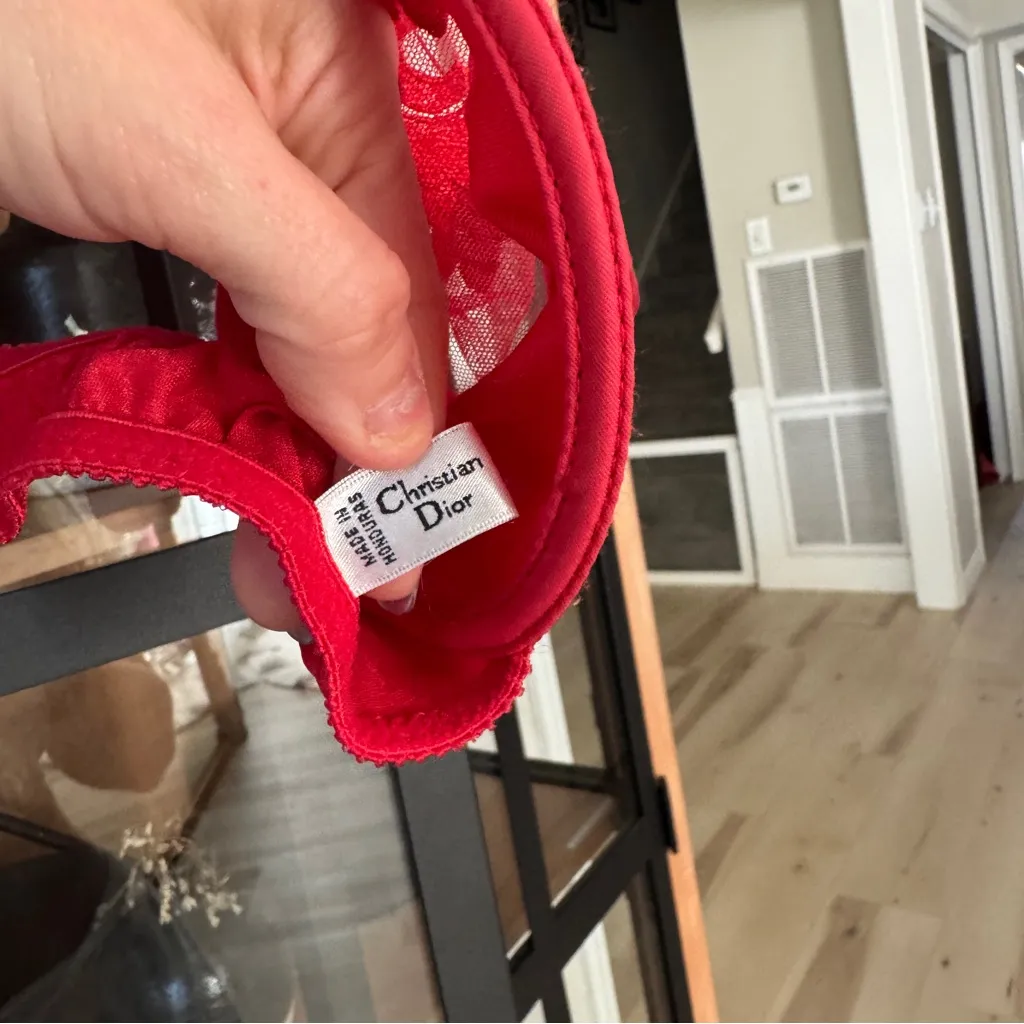 Vintage Dior silk lace bra wiring sheer mesh floral red sexy claspfront lingerie - Image 3