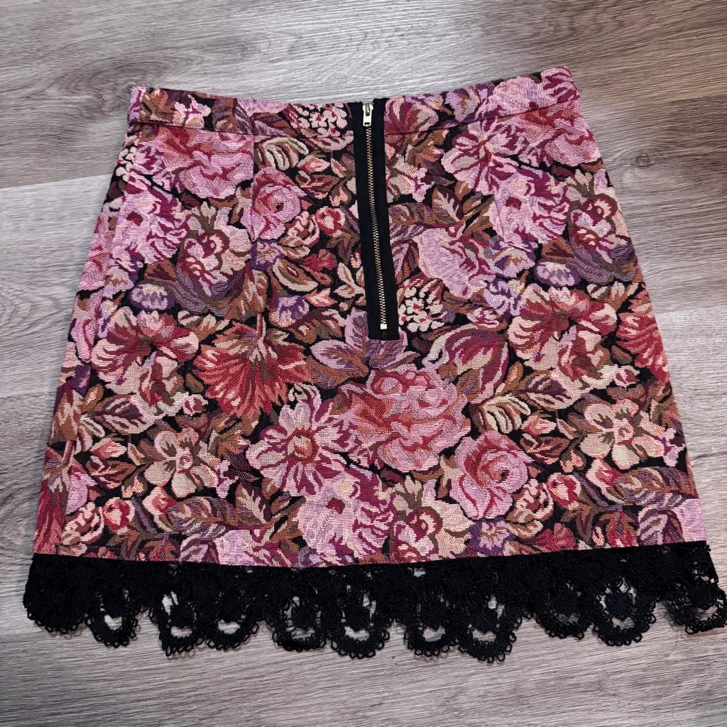 Topshop Tapestry Floral Rose Jacquard Crochet Mini Skirt Carpet Lace Pink 6 - Image 6