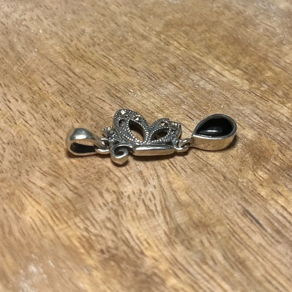 Marcasite Butterfly Black Onyx Dangle 925 Sterling Silver Pendant - Image 4