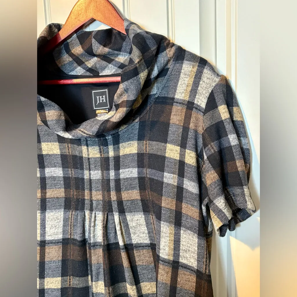JH Black/Brown/Tan Plaid Bubble Sleeve Cowl Neck Short Sleeve Sweater Dress Brown Size XL - Image 3