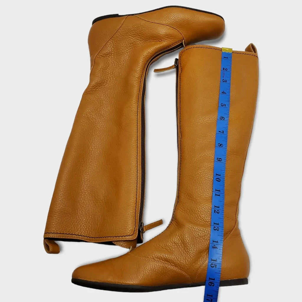 Vicini Tapeet Zipper Tall Leather Boot Front Zip Up Flat Riding Boots Sz 37.5 Brown - Image 4