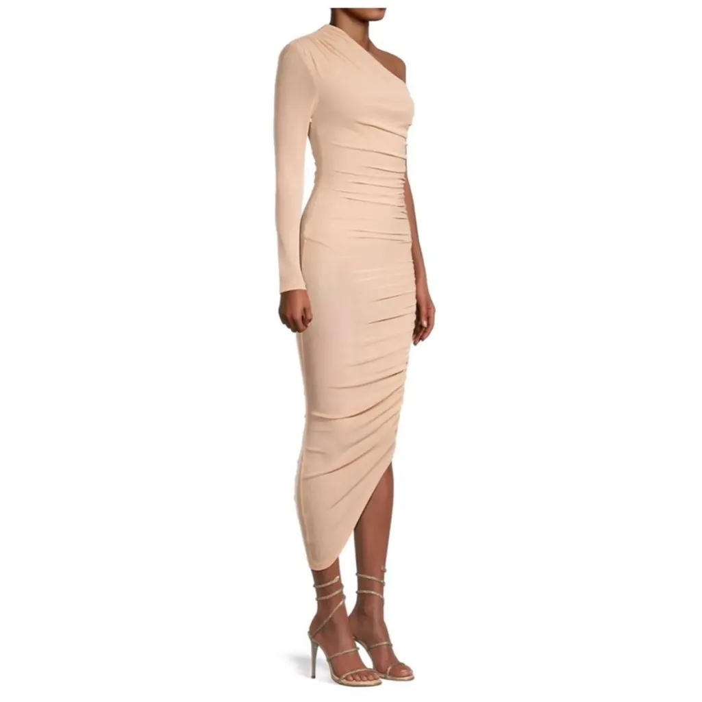 MISHA Tansy Ruched Sparkle Mesh Midi Dress in Champagne - Image 5