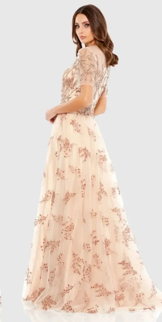 NWT Mac Duggal 79317 Pink Embellished Illusion Short Sleeve A Line Gown Size 6 - Image 2