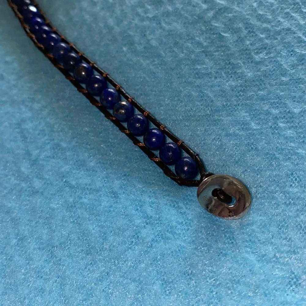 BBJ Lapis Lazuli Wrist wrap bracelet weaved in leather strips boho size OSFA Blue - Image 4