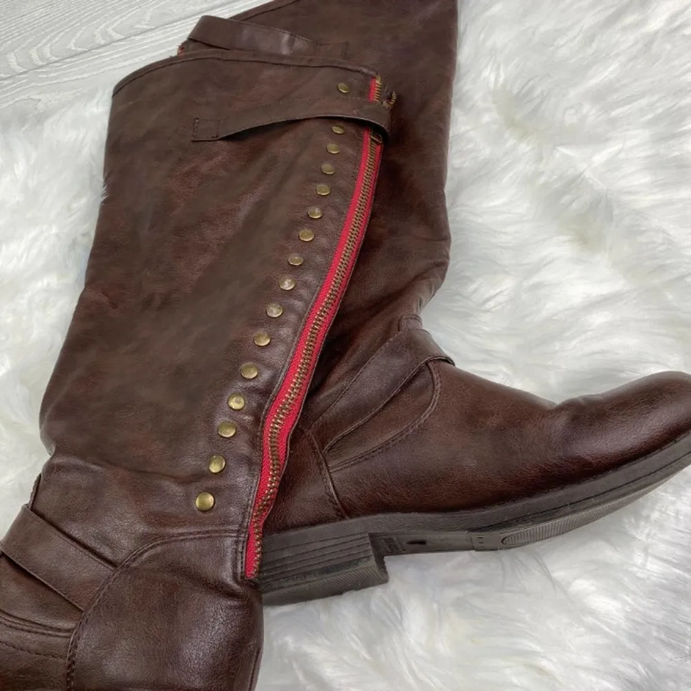 Journee Collection Brown Studded Zipper Faux Leather Riding Boots Women’s Size 9 - Image 2