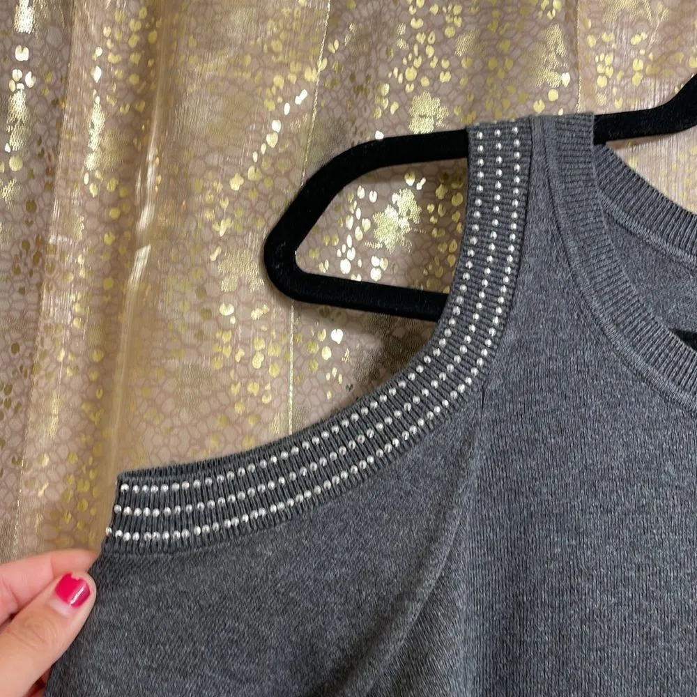 Michael Kors dark gray bell sleeve cold shoulder rhinestone sweater, M, NWT - Image 3