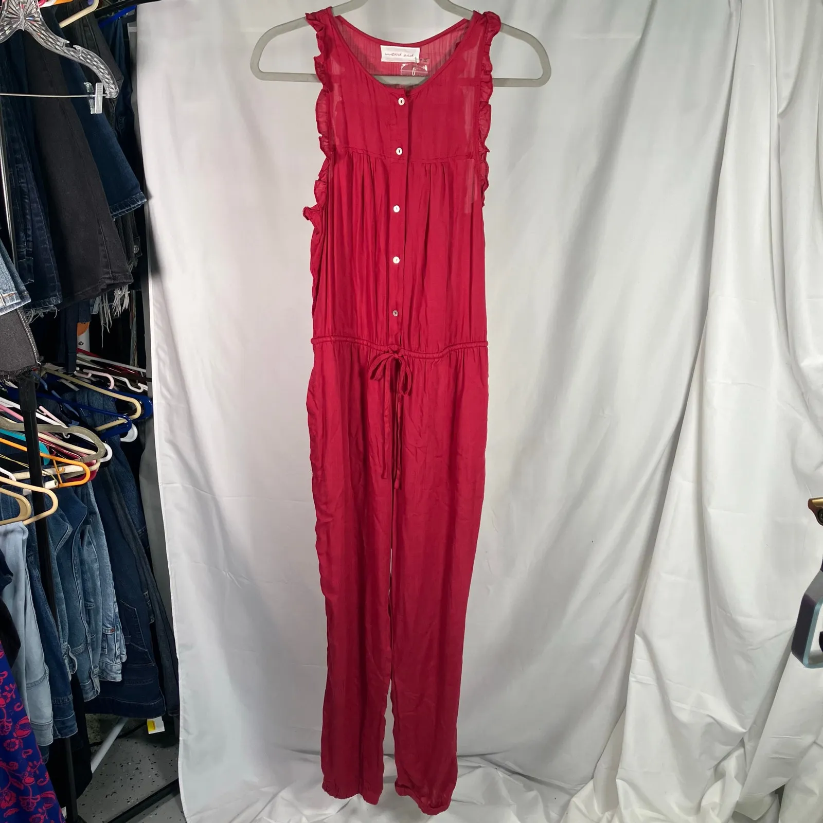 Mustard Seed Red Sleeveless‎ Ruffle Jumpsuit M Button Front Drawstring Waist New - Image 15