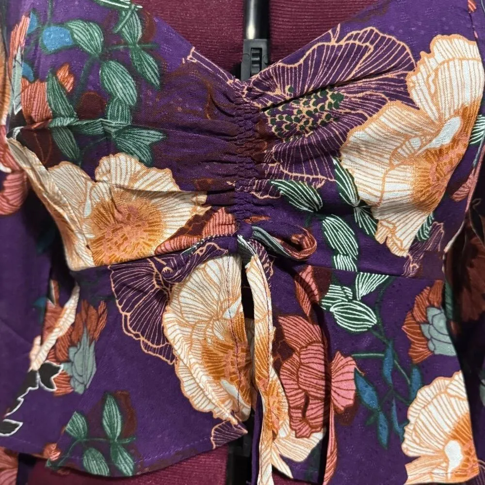 BAND OF THE FREE Floriane Pinch Front Puff Sleeve Cropped Top Floral NWT Medium - Image 5