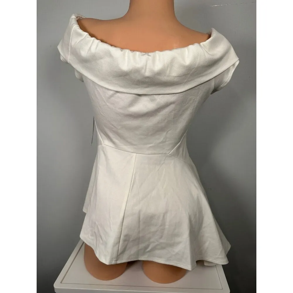NWT LULUS Large Off Shoulder Short Sleeve Asymmetric Peplum Top White Zip Womens - Image 2