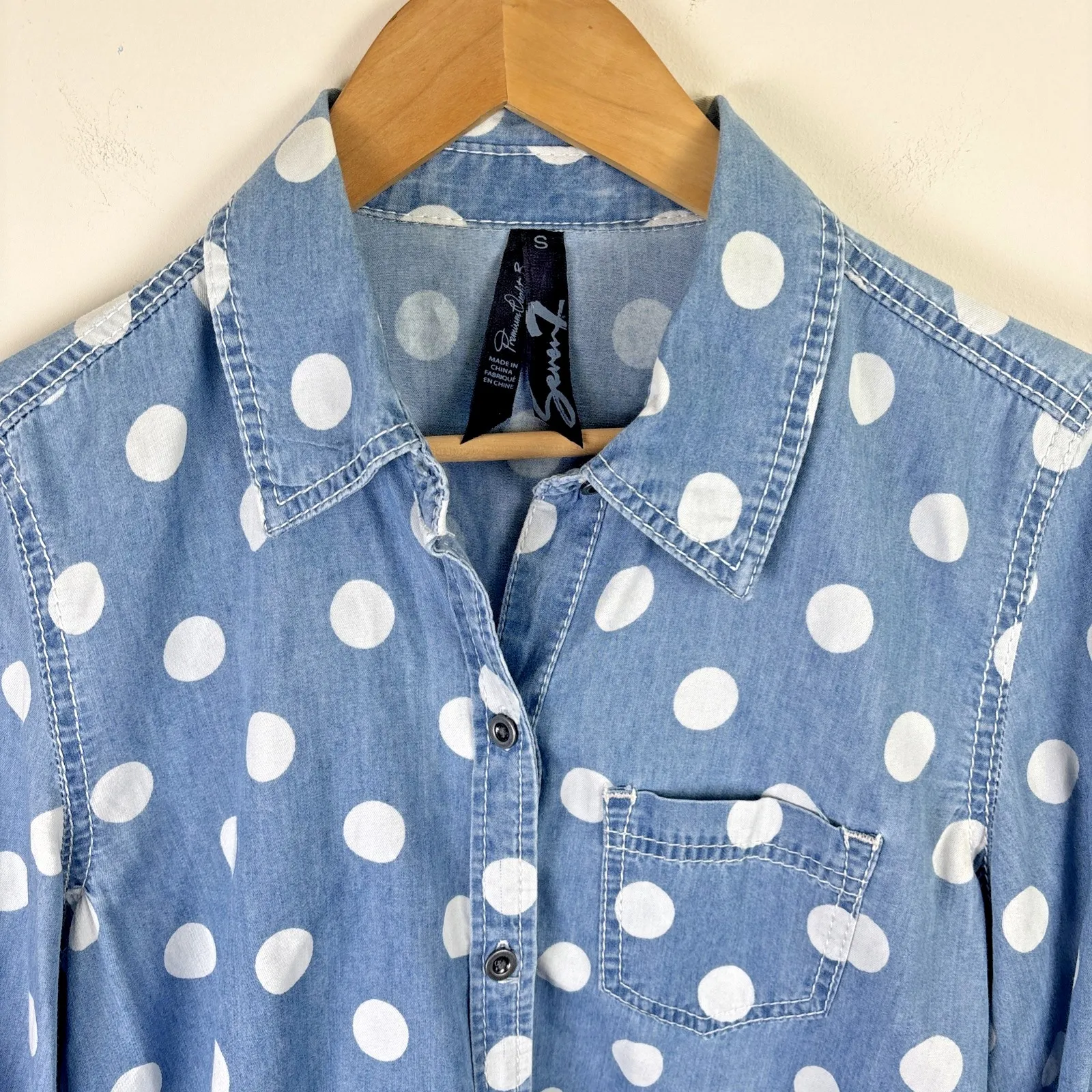 Seven 7 Womens Button Up Shirt Size S Chambray Denim Top Polka‎ Dot Long Sleeve - Image 2