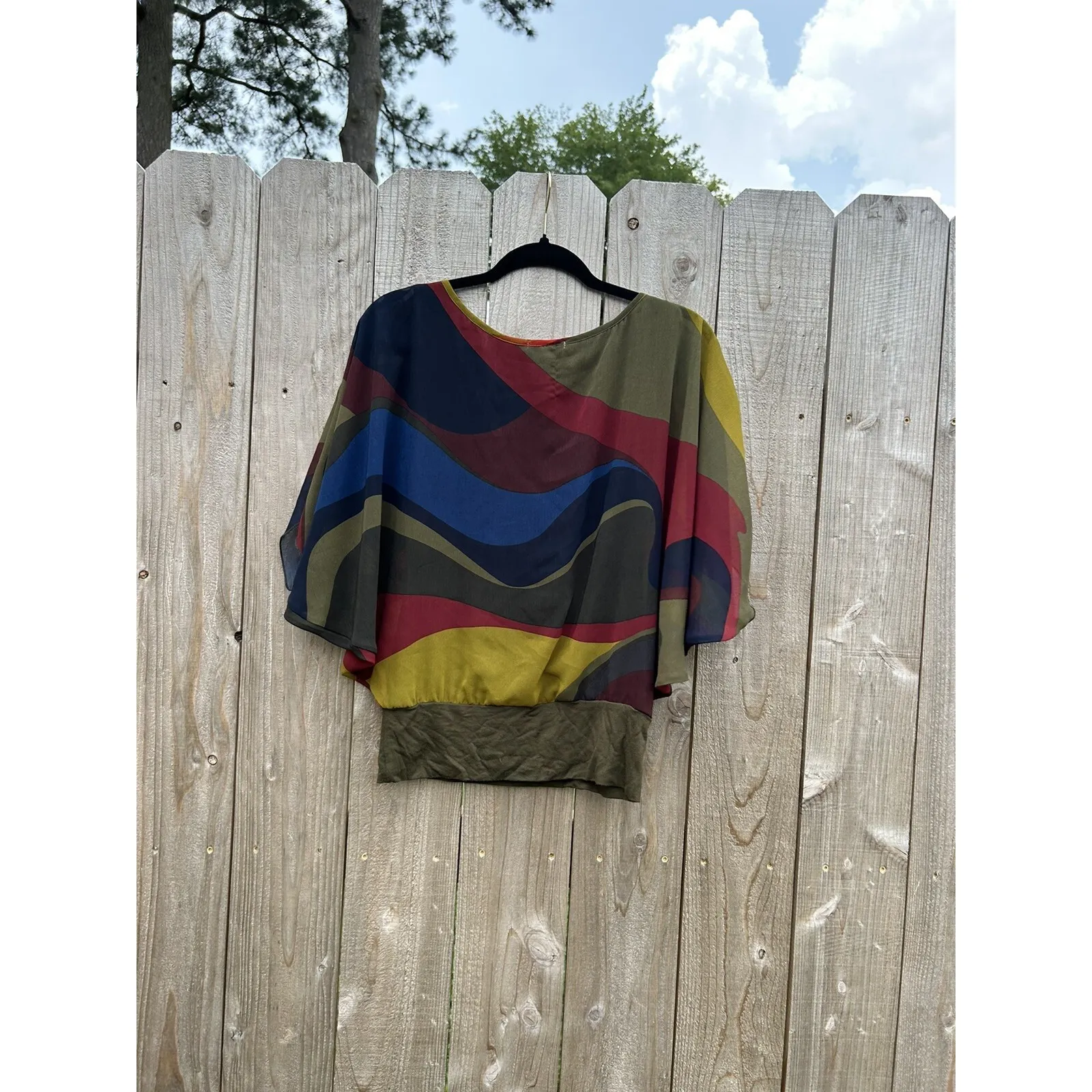 Cha Cha Vente | Multicolored Green Poncho‎ Top Size Small Summer Retro Blue - Image 6