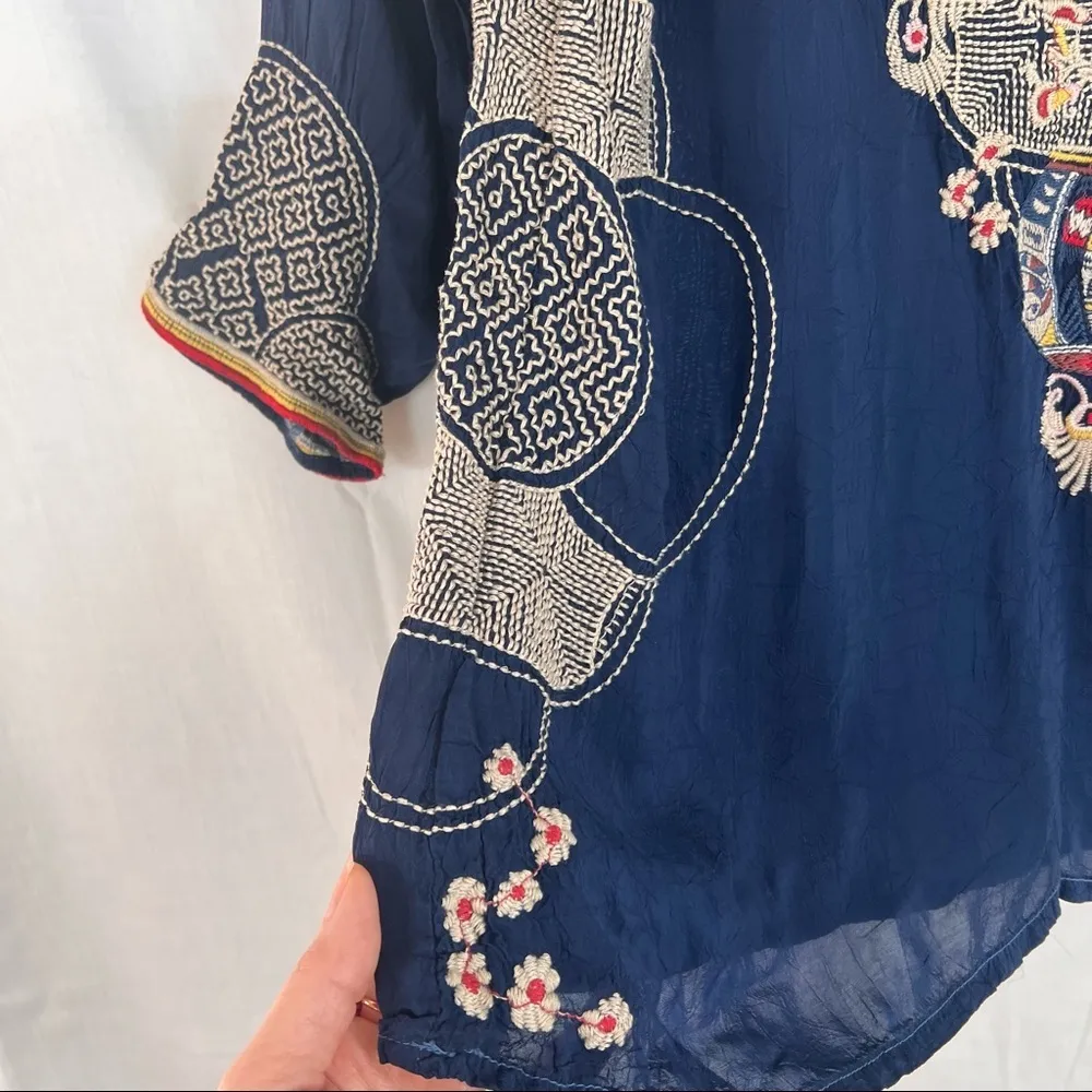 Johnny Was Peyton Blouse Women's S Colorful Embroidered Blue Rayon Boho V-neck - Image 5