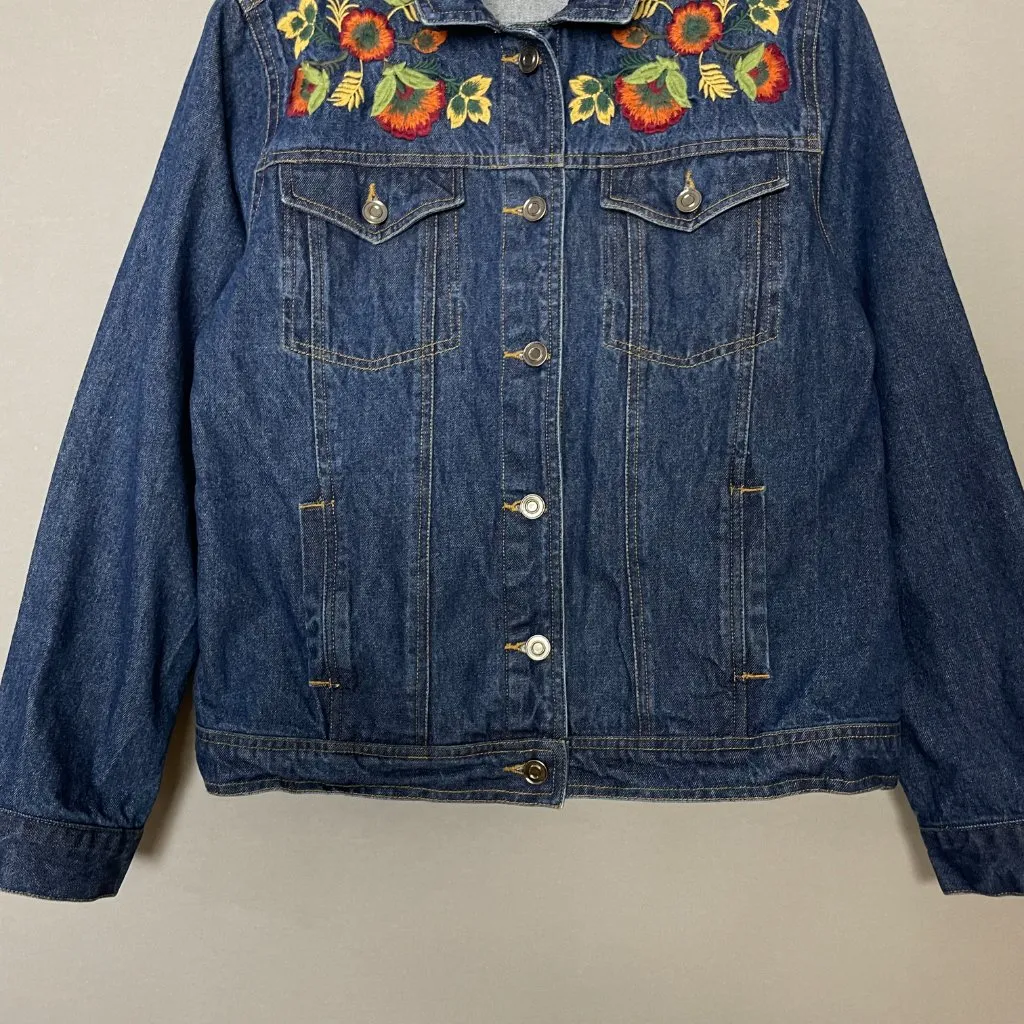 Embroidered Jean Jacket Autumn Colors Dark Wash Denim Women Size Small Fall‎ - Image 4