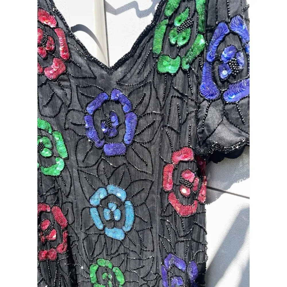 Vintage Styleworks Floral Silk Beaded Women’s Dress Size 18 Style J0313 Black - Image 15