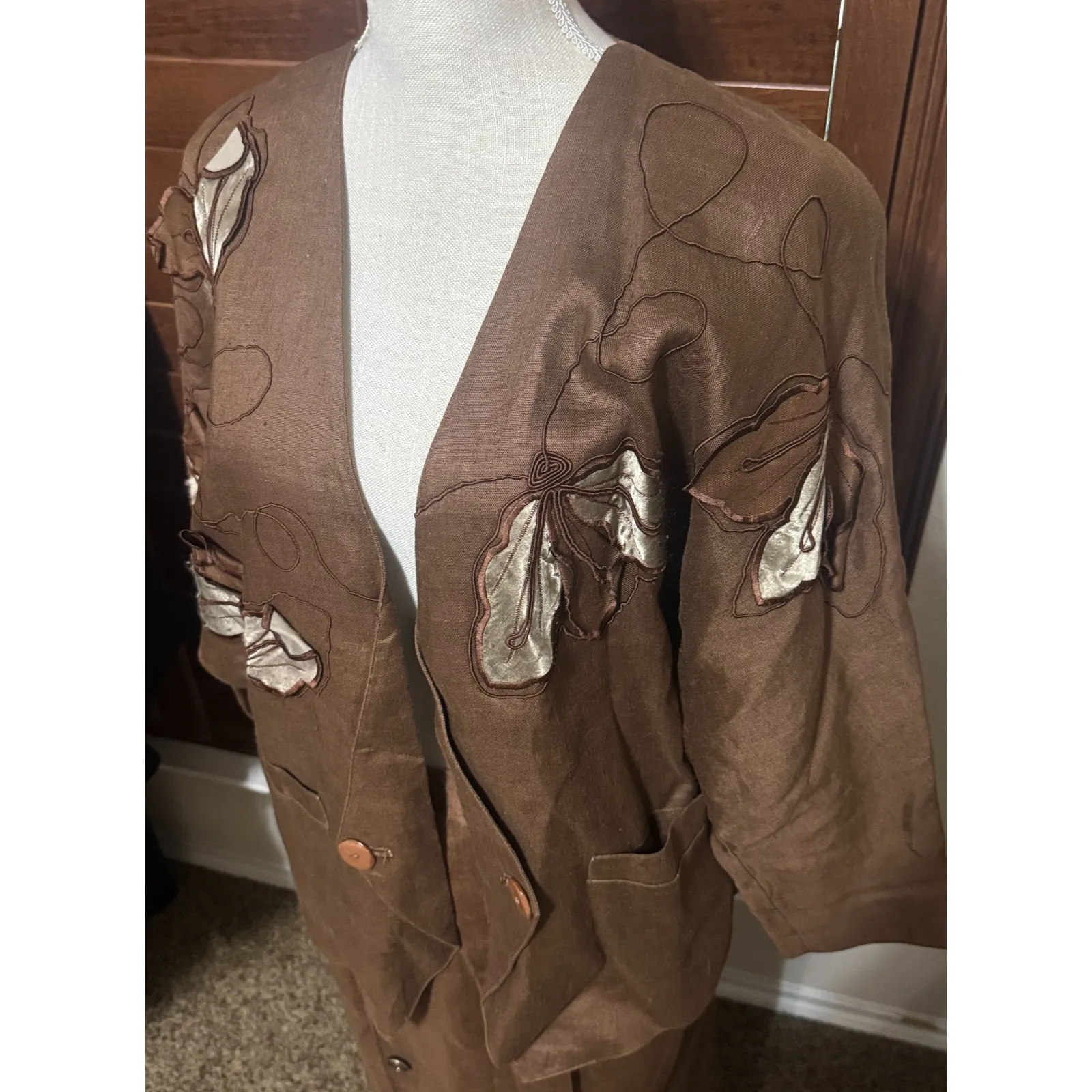 VTG 90s Linen Skirt Suit chocolate brown Church First Lady embroidered long sz L Size L - Image 3