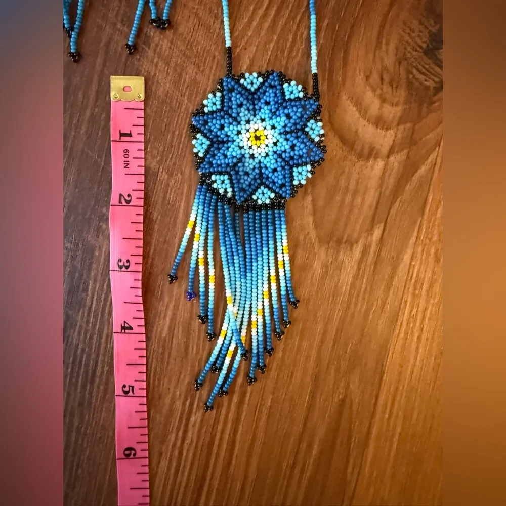 Blue Beaded Necklace and Earring Set Huichol - Image 3