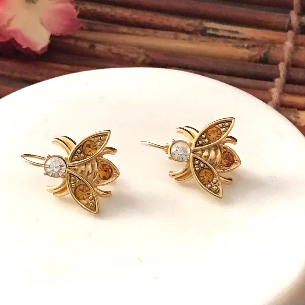 Joan Rivers Pierced Bee Earrings Gold Tone Orange & Clear stones. Gorgeo… - Image 2