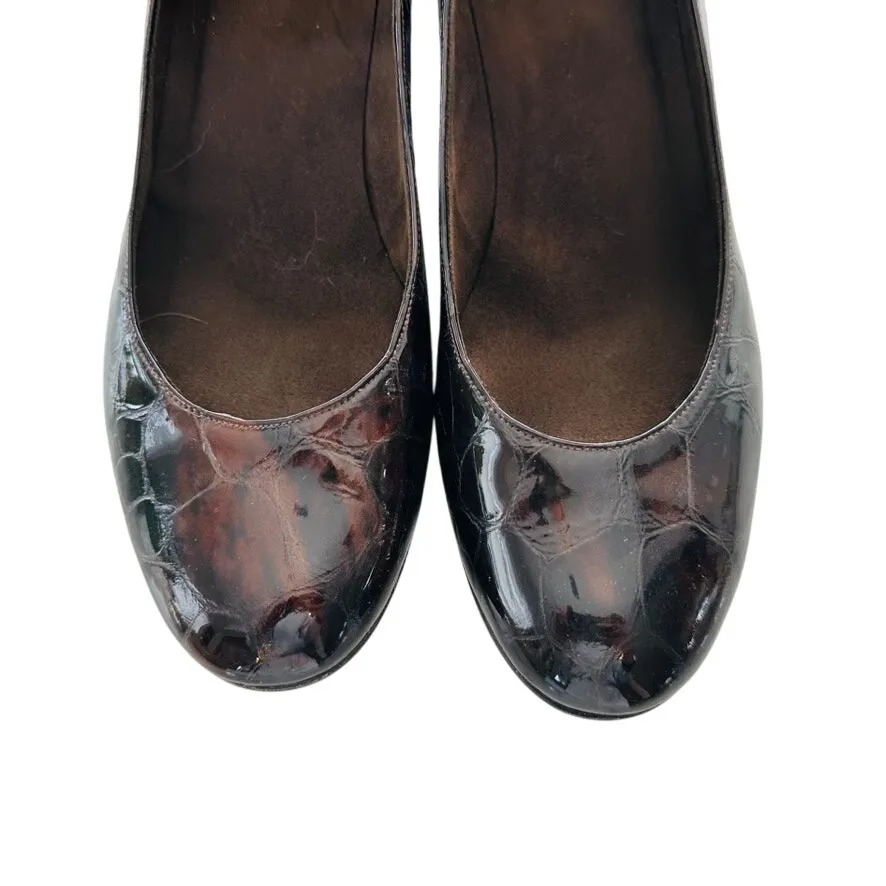 Stuart Weitzman Brown Wedge Tortoise Embossed Patent Leather Size 7.5 Round Toe - Image 3