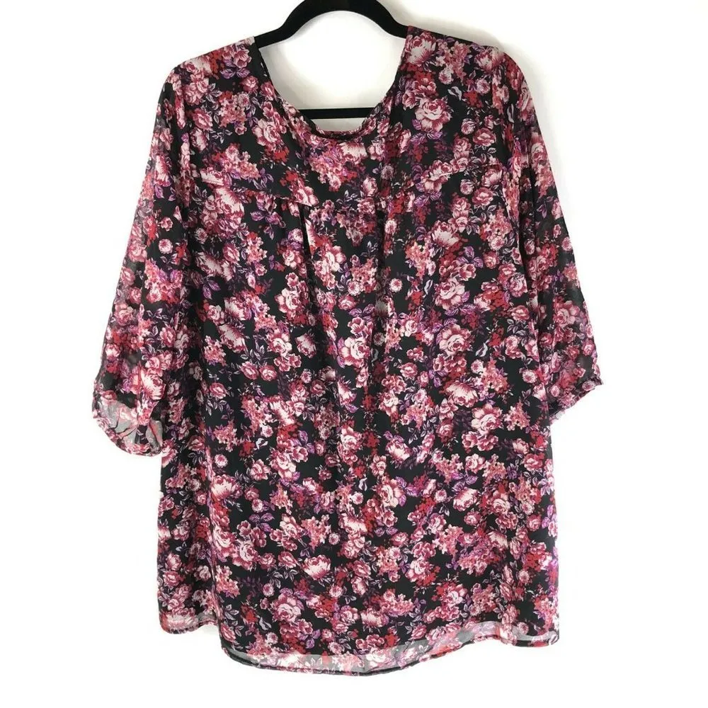 Isabel Maternity Blouse V Neck Floral Tie Waist 3/4 Sleeve Pink Black Size XXL - Image 2