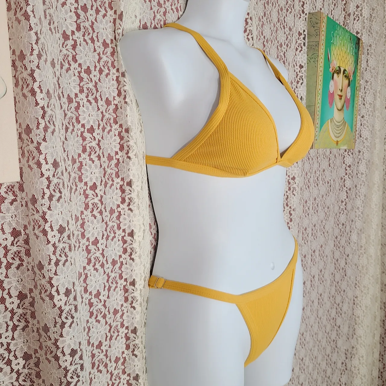 Yira  Nwt mustard yellow ribbed triangle bikini Large  - Image 2
