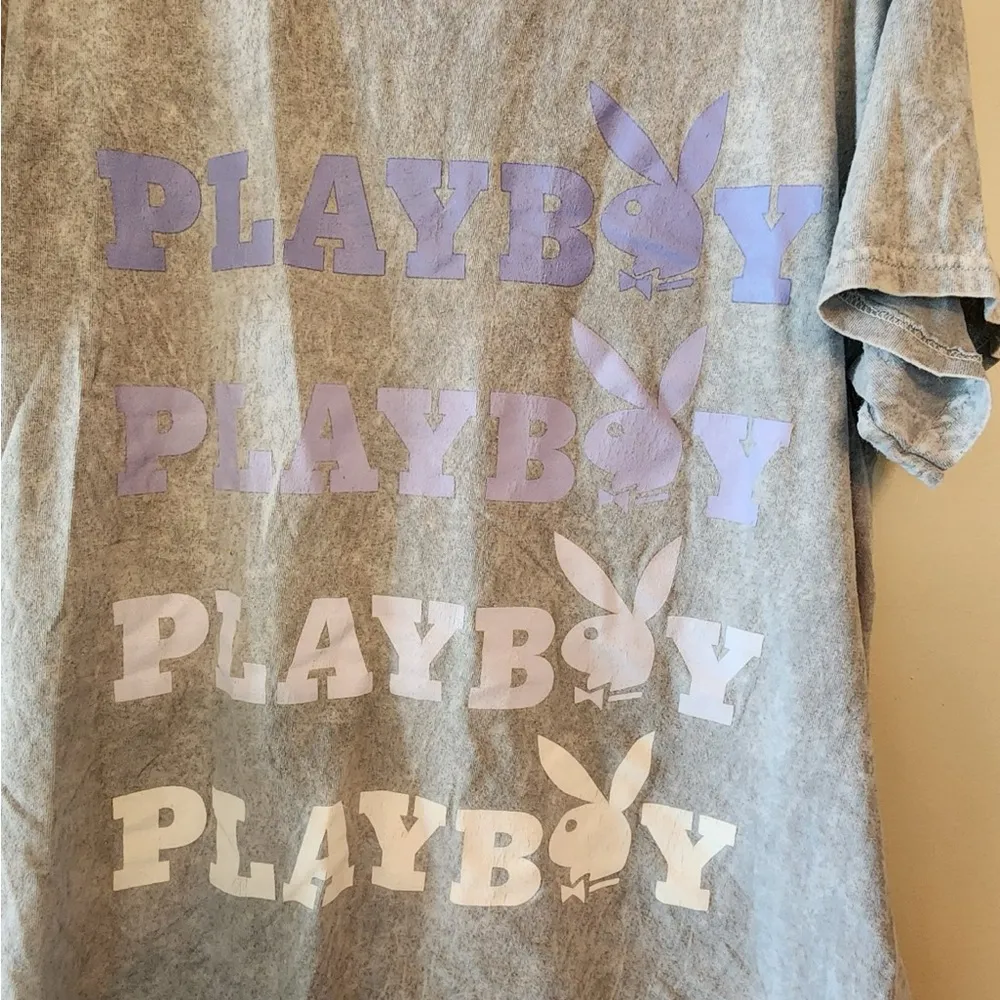 Playboy Stonewash Bunny Spell Out Logo Grey T-Shirt Size womens Medium Cotton - Image 2